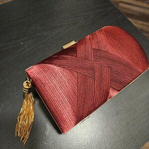 Red Satin Clutch with Gold Tassel and Detachable Chain Strap